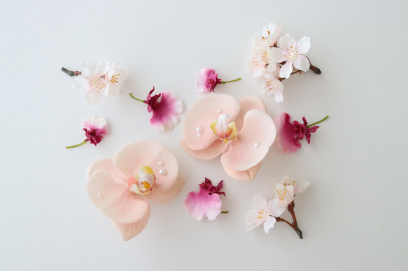 パール付き胡蝶蘭と桜のヘアパーツセット　Pink サクラ　コチョウラン　前撮り　和装ヘア 2枚目の画像