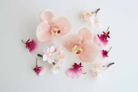 パール付き胡蝶蘭と桜のヘアパーツセット　Pink サクラ　コチョウラン　前撮り　和装ヘア 1枚目の画像
