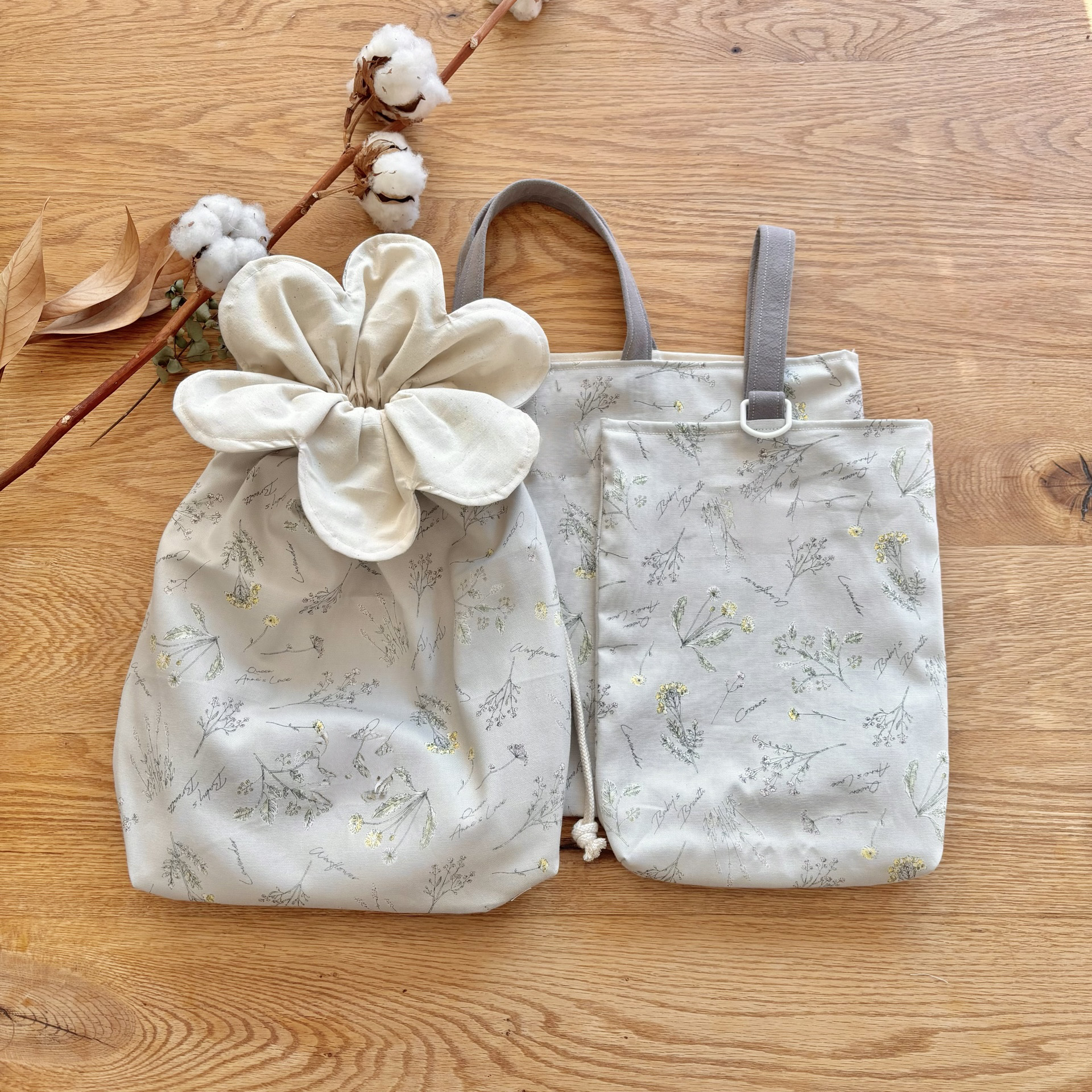 フレンチボタニカル｜入園入学3点セット/ハナマルコ巾着（上履き袋、体操袋）とレッスンバッグ