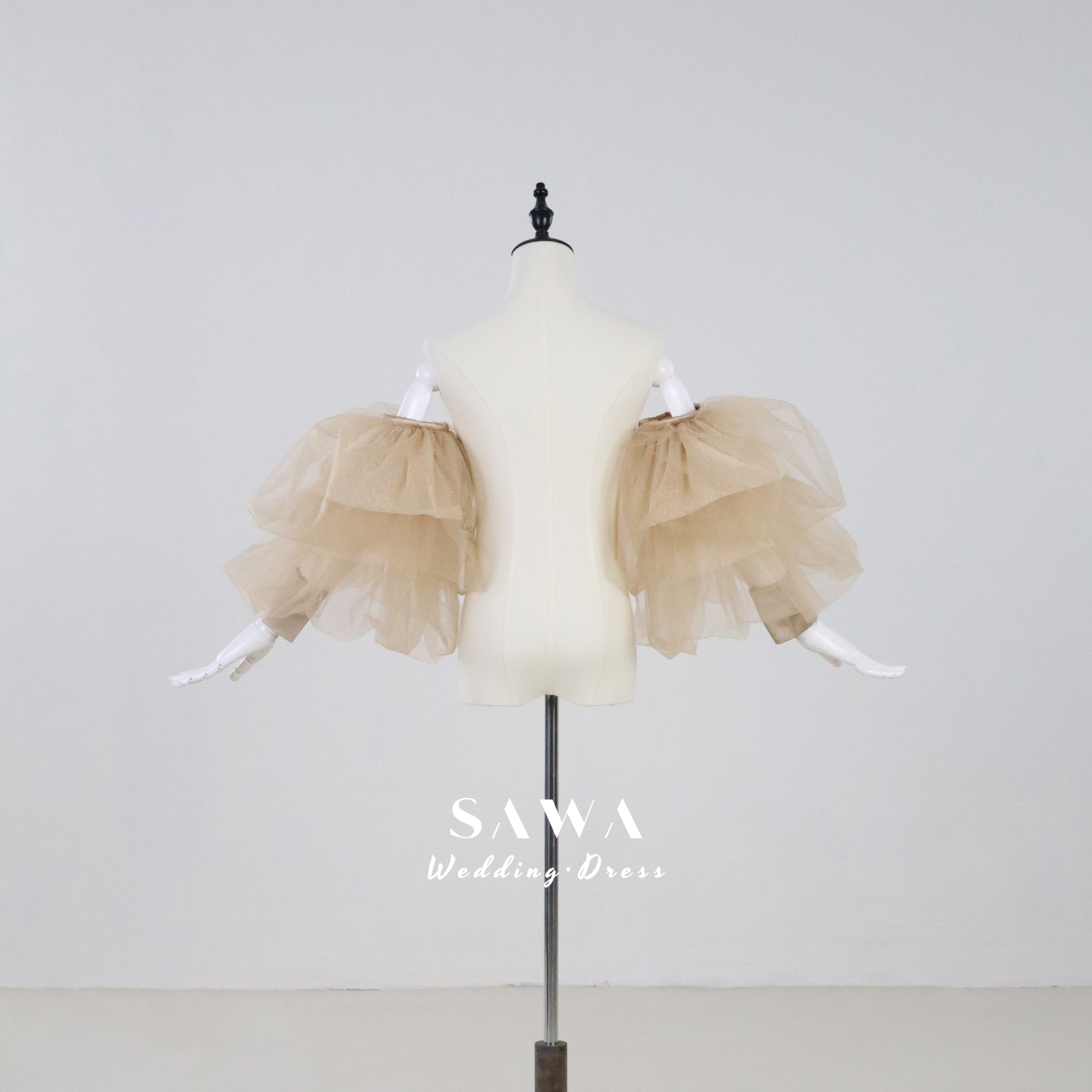 送料無料　ボリューム　パフスリーブ　取り外し可能お袖　水玉　二層チュール　コヒー色　可愛い　サイズオーダー可能結婚式小物