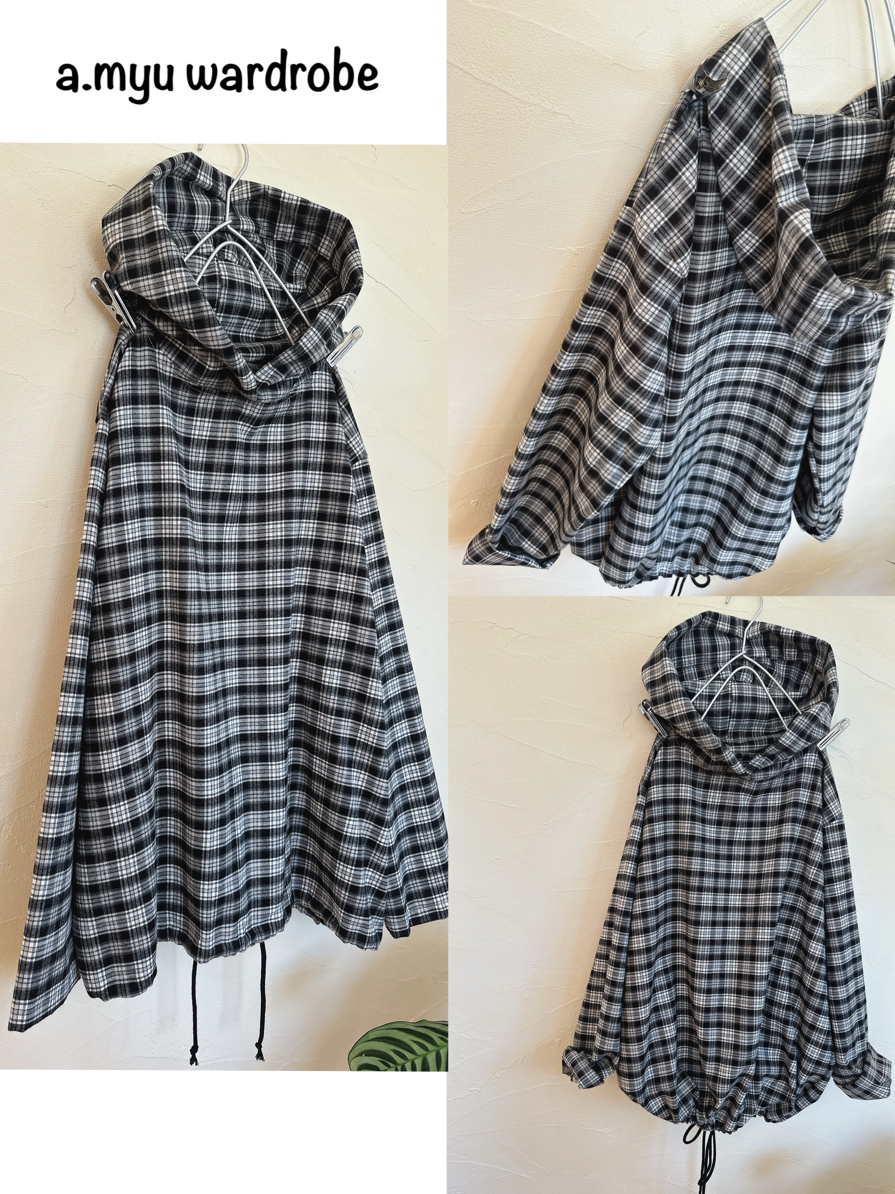 a.myu 春♪黒白チェック洗えるシャツパーカー定番bigパーカー