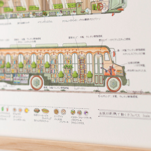 A4複製原画【活版印刷機で動くカフェバス】縮尺1/72　旅する本屋さん♫【額付きも選べます】 3枚目の画像