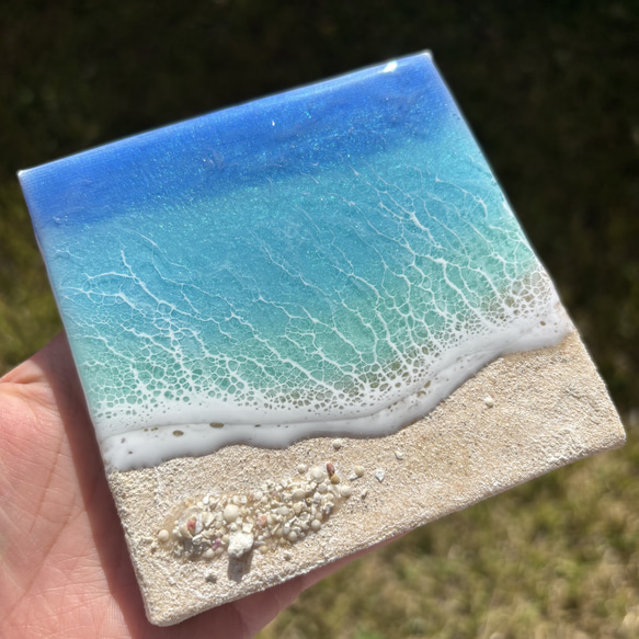 海レジン　オーシャンアート　穏やかな海　パラオ珊瑚砂　ハンドメイド レジン 海アート オーシャンアート ミニキャンバス 10×10cm 南国