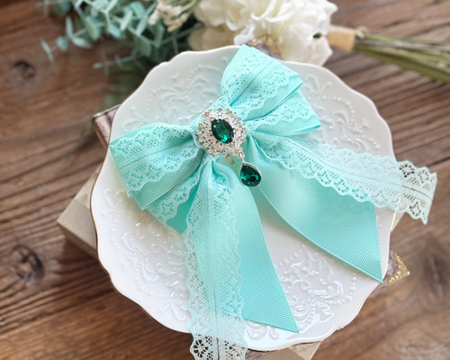 最終値下げ　ミントグリーン リボン パール バレッタ 8ee265d2869182b0568b2ae34ee2dc
