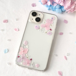 紫陽花ピンク 押し花スマホケース 小花フレーム ぷっくりリボン クリア