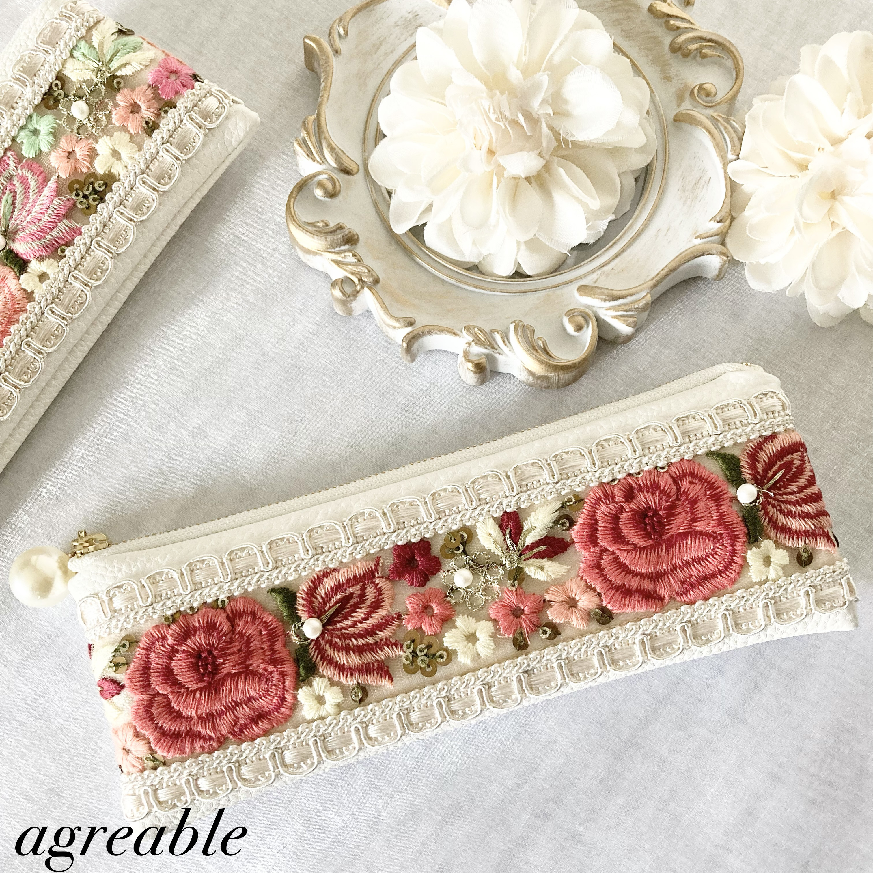 クォーツ　no.384 no.383 牛革ペンケース　インド刺繍リボン インド刺繍リボン インド刺繍 インド刺繍リボンペンケース