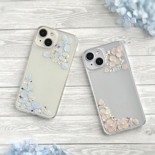 花陽のスマホケース 紫陽花＆千鳥草＆猫柄』 スマホリング 押し花ケース iPhone17Pro