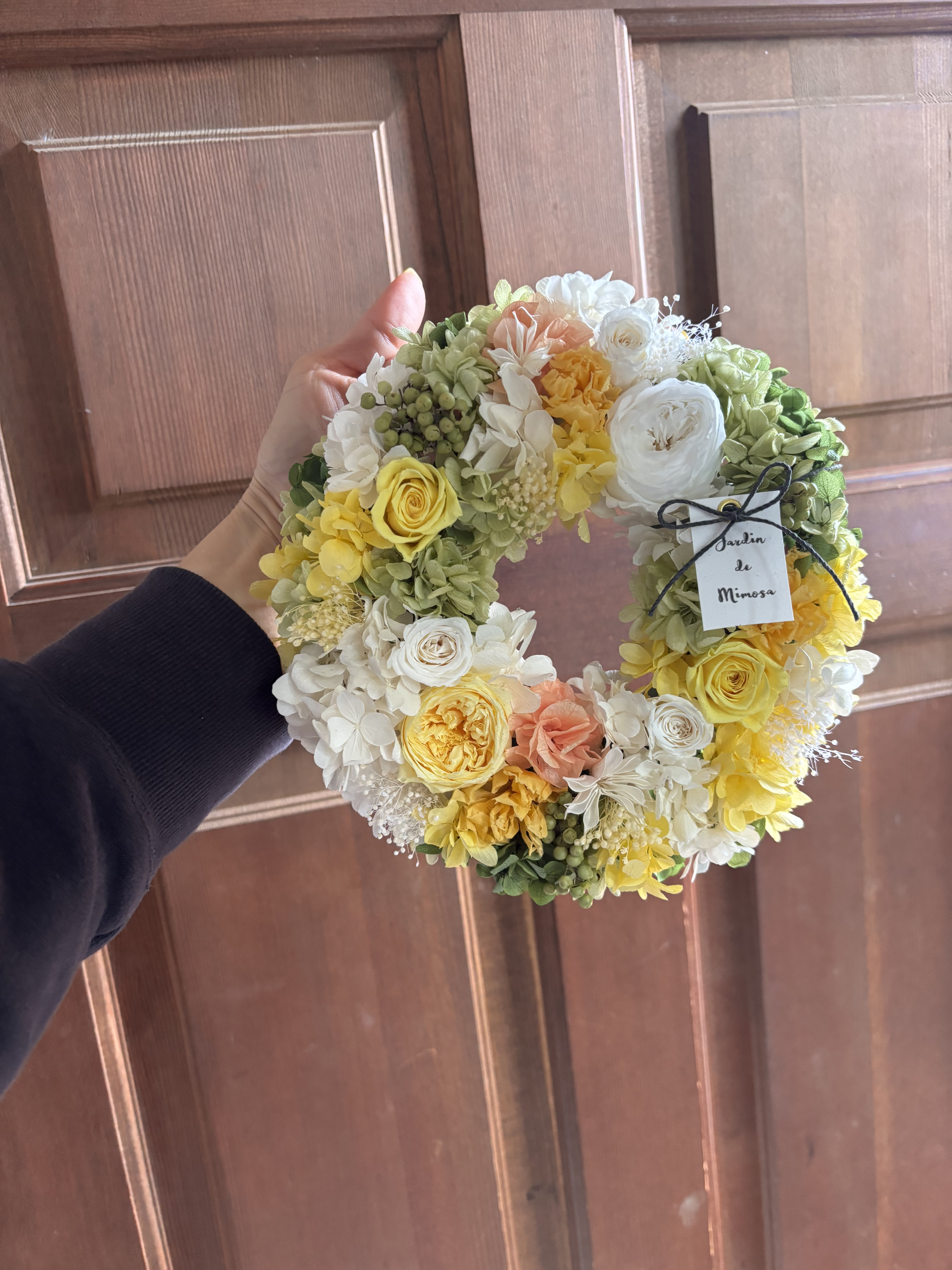 ローズ紫陽花のリース✴︎イエロー/ホワイト/グリーン　プリザーブドフラワー リース
