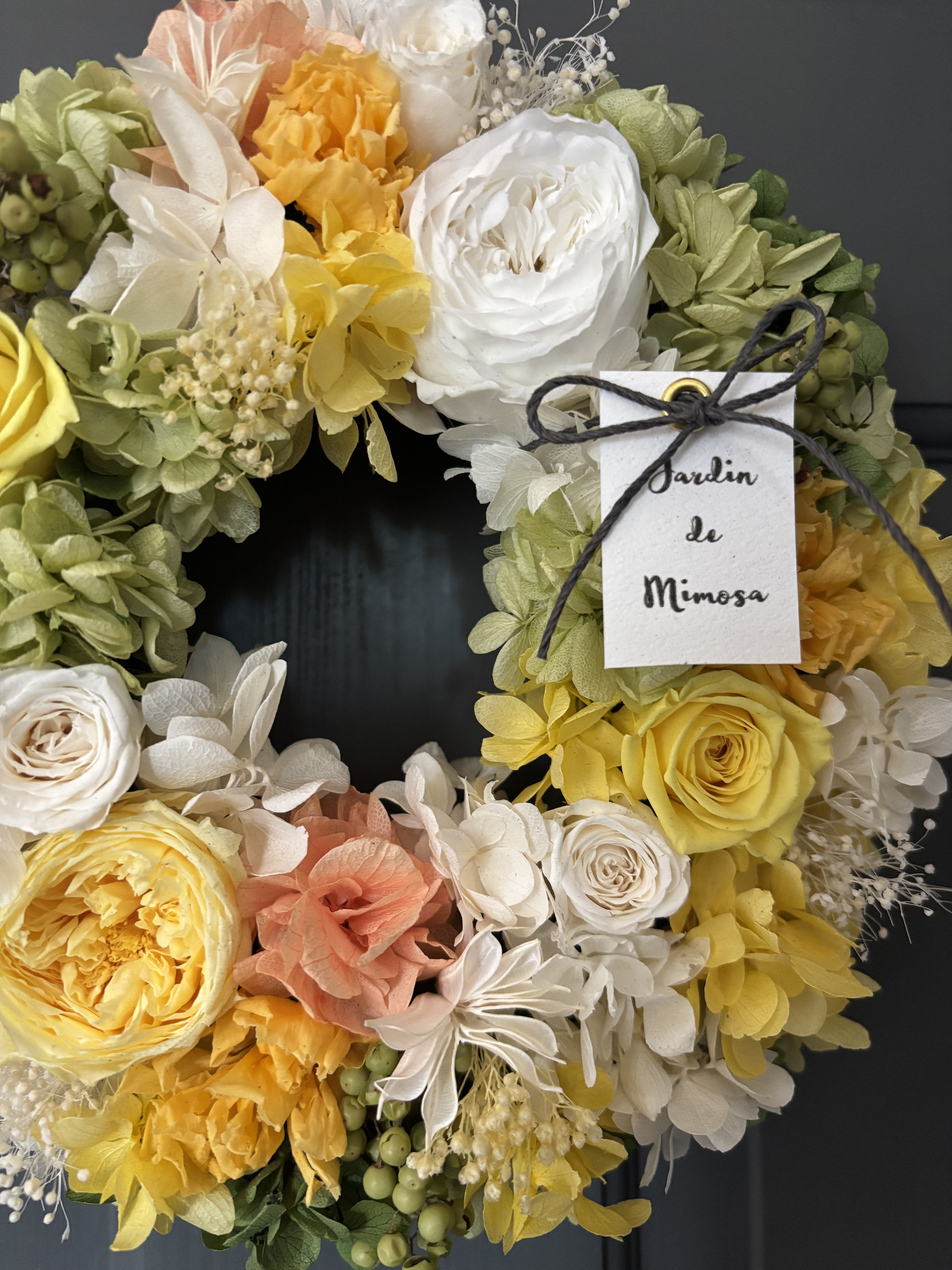 ローズ紫陽花のリース✴︎イエロー/ホワイト/グリーン　プリザーブドフラワー リース gergana.siteforgestudio.com