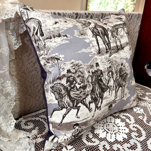 フランス製トワルドジュイ ランデブー 乗馬柄クッションカバー② 45×45