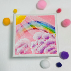 絵手書き絵画(キャンバス&アクリル絵の具) 10cm】 虹 木漏れ日 空 キャンバスアート カラフル アクリル
