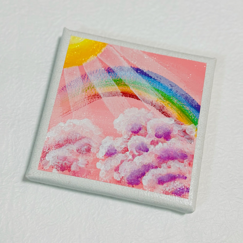 女の子イラスト　21×30 キャンバスアクリル絵の具作品 10cm】 虹 木漏れ日 空 キャンバスアート カラフル アクリル