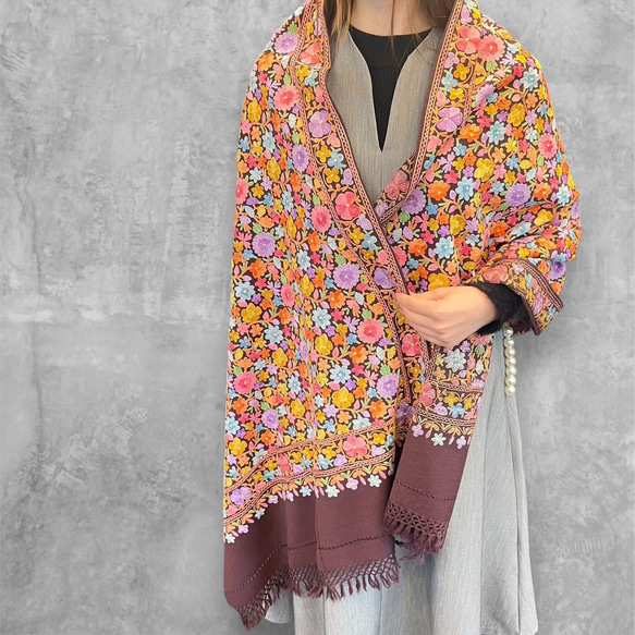 カシミール刺繍 小花柄 大判ショール タペストリー メリルウール