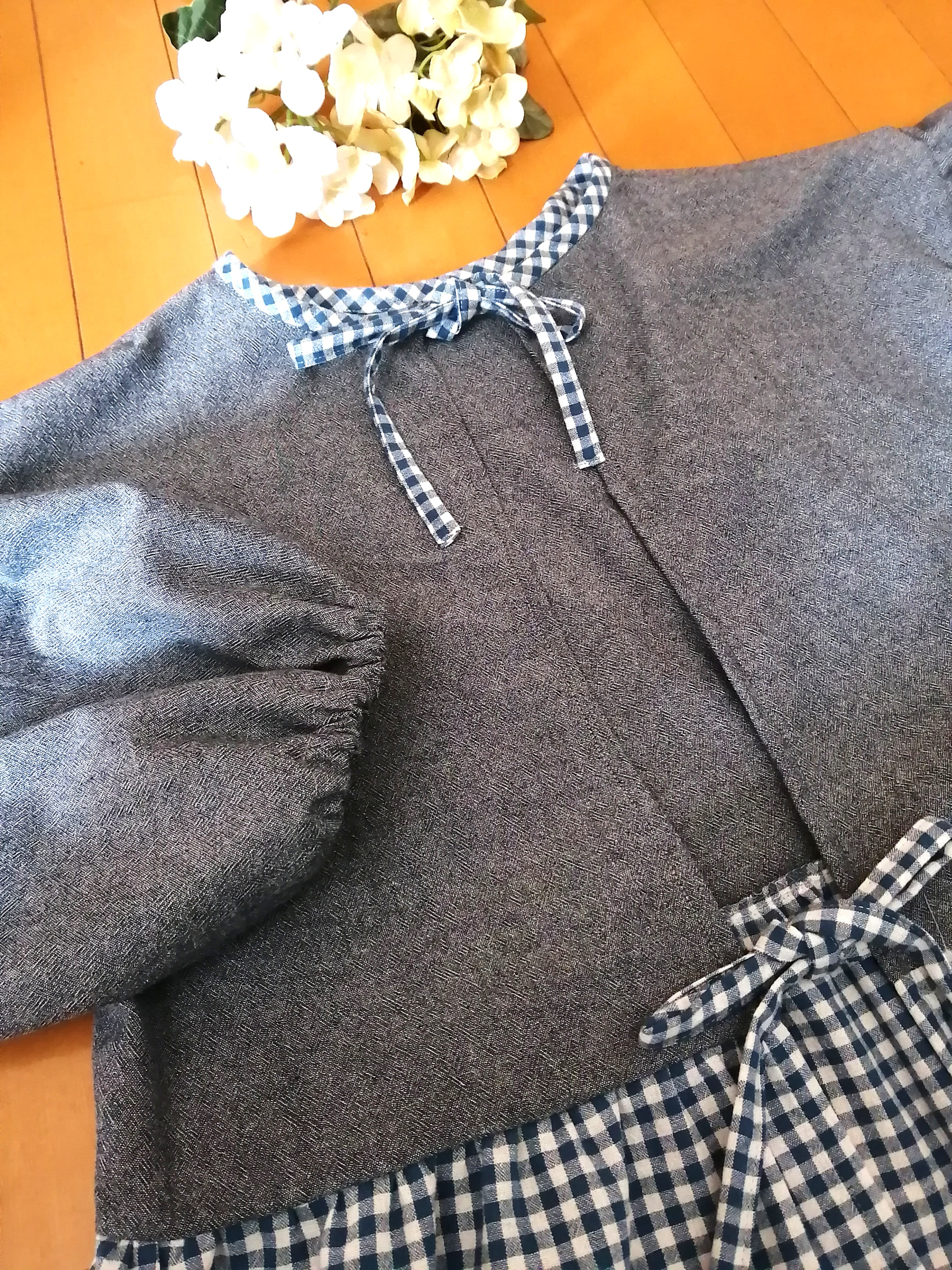 送料無料☆ナチュラルワンピースみたいな割烹着エプロン　ギンガムチェック×ダンガリー