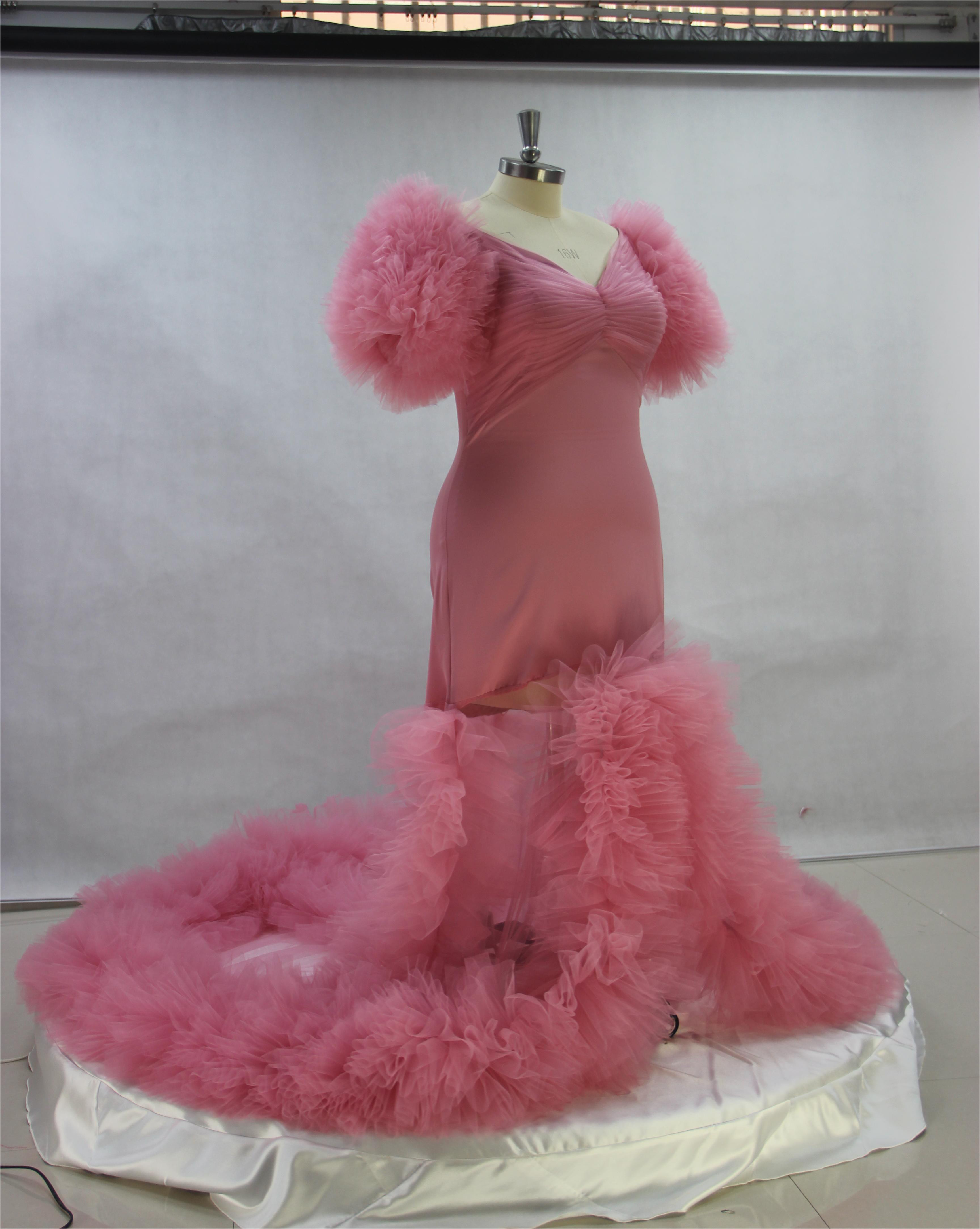 高評価続出！カーネーションピンク　マーメイドドレス　上品　フリル　カラードレス　ソフトチュール　前撮りお呼ばれ披露宴挙式