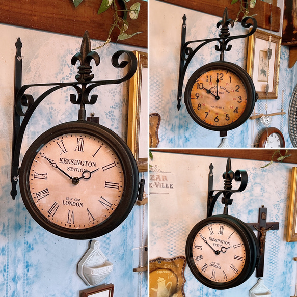 おしゃれな壁掛け時計 №.4  両面時計ウォールクロック  アンティーク時計  回転式  艶無しブラック 1枚目の画像