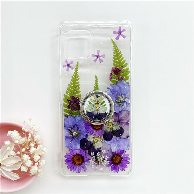 ＜名入無料＞押し花ケース、リング付き、全機種対応、iPhone16e、Galaxy S24、Android用