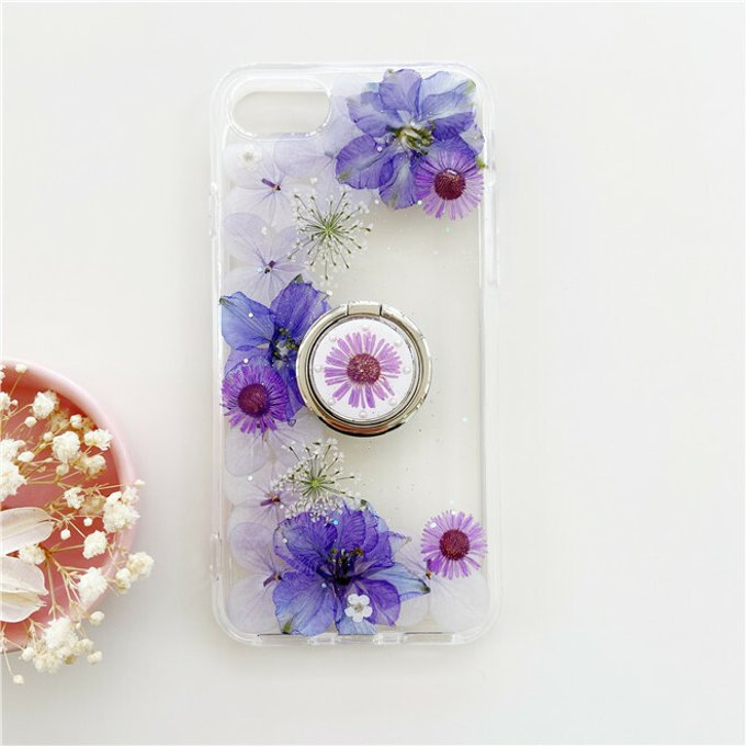 ＜名入無料＞押し花ケース、リング付き、全機種対応、iPhone15、Galaxy S25、Android用