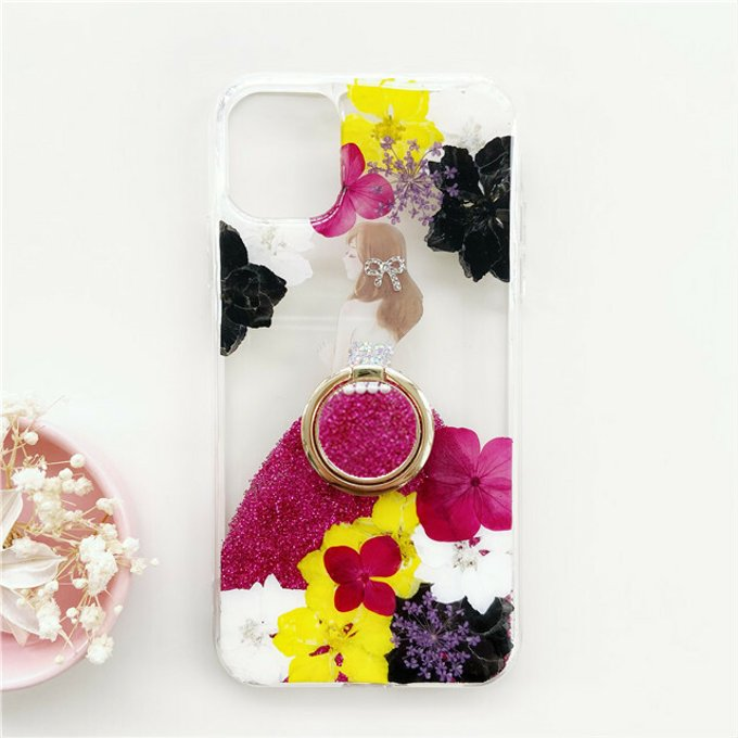 ＜名入無料＞押し花ケース、リング付き、全機種対応、iPhone16、 xperia5、Android用