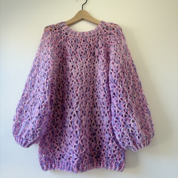 ☆handmade☆手編み woolピンク、花模様長袖ニット ニット