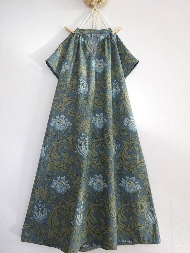 ウィリアムモリス「スタンドカラーVネックワンピース」選べる14種 V&A◆コットン 綿 花柄