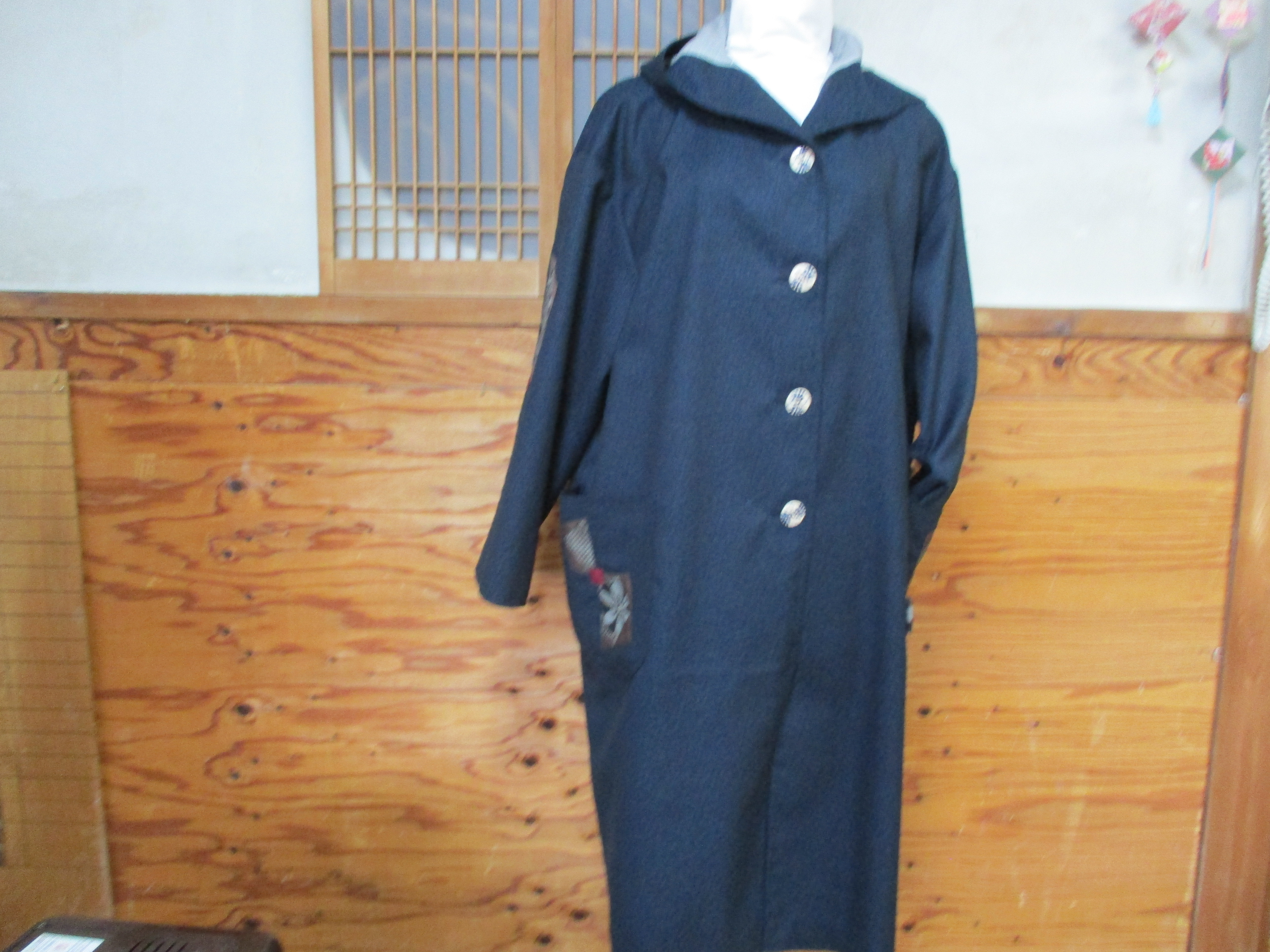 新地男物ウール着物地　フード付きロングコート