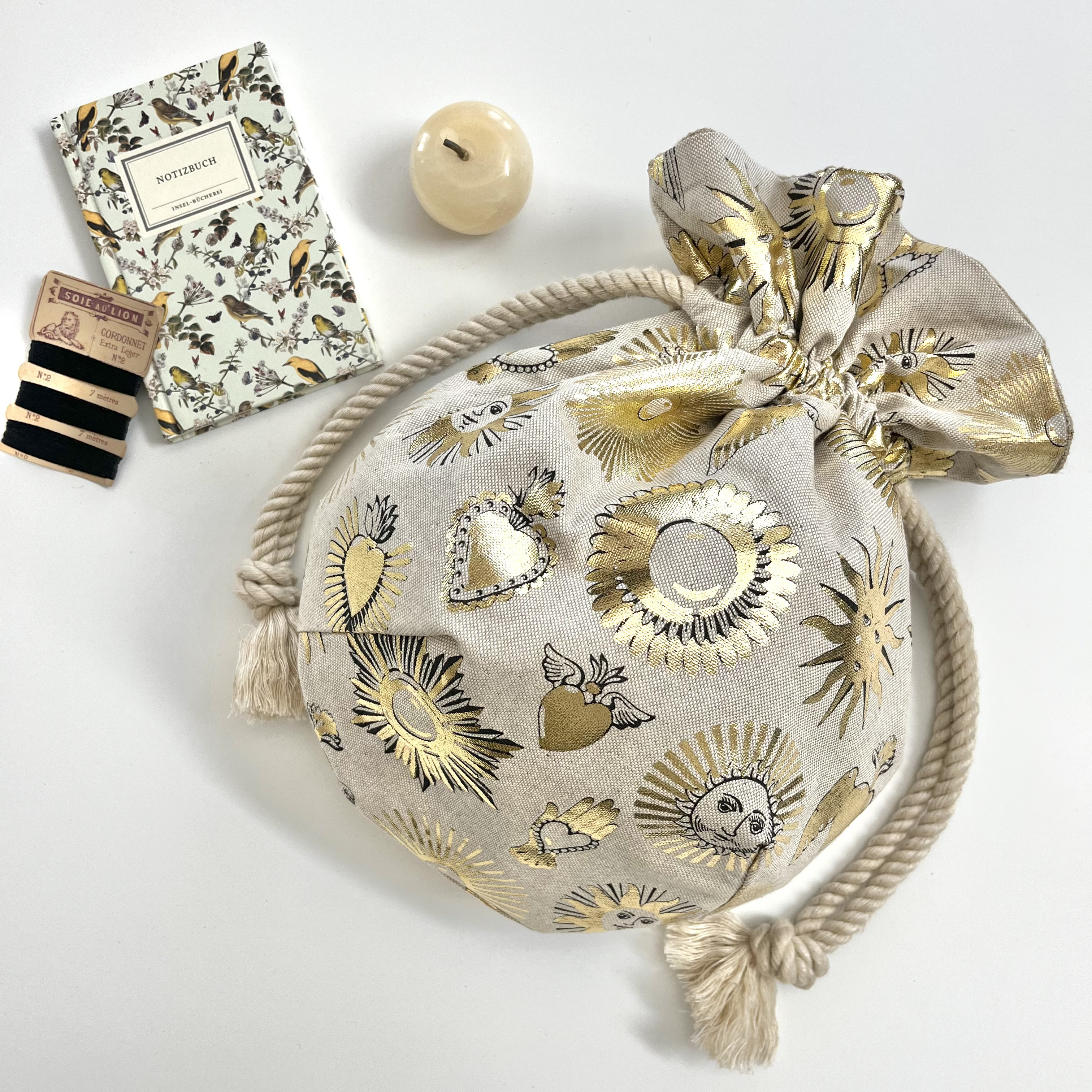 ほほえみおひさまマニフィーク巾着バッグ mftaフランス生地　イタリアリネン　育てるバッグ　ハンドバッグ　ロープバッグ