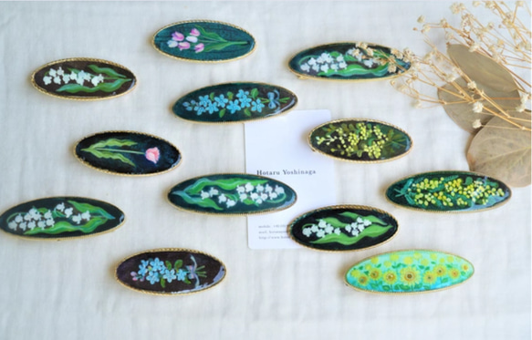 ミモザとインコのバレッタ＊手描き油彩画 5枚目の画像