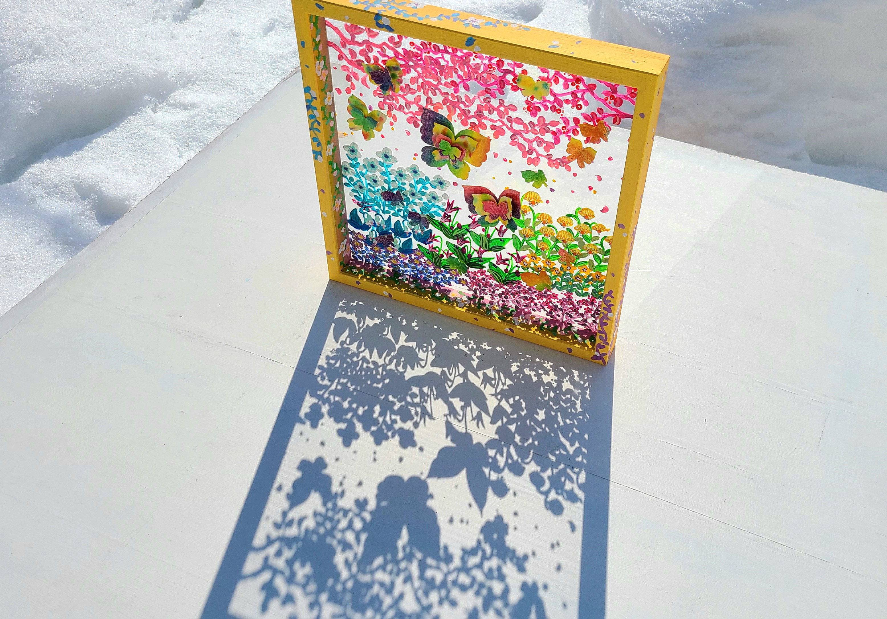 【受注生産/透明アート原画】花庭散歩~黄色×蝶々~　クリアBOX　32cm
