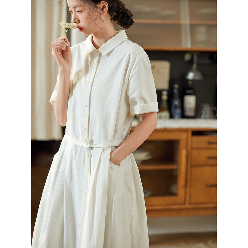 綿麻混紡半袖ワンピース　紐付きシンプル半袖ワンピース　2色　S-Mサイズ　S430