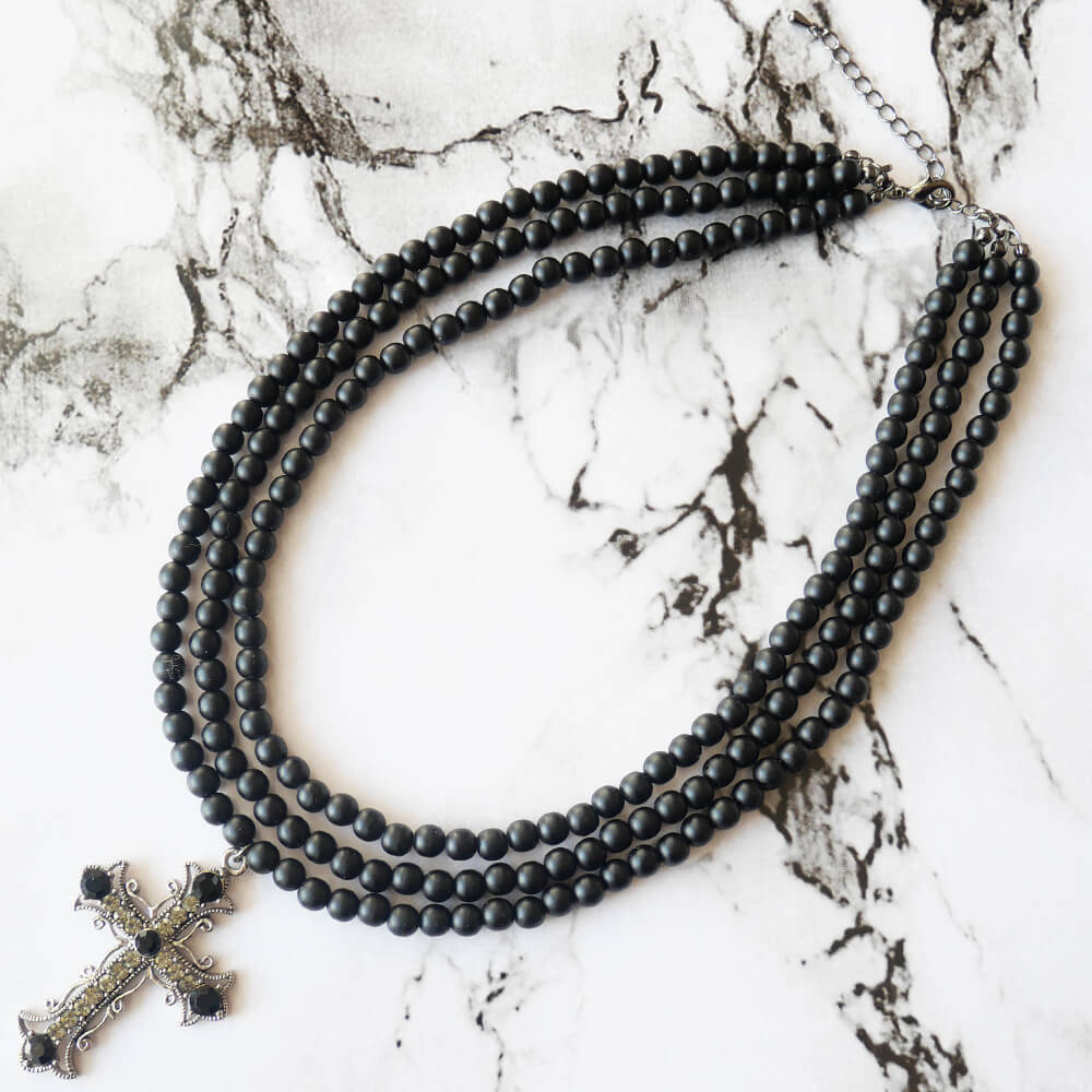 メタル 十字架 マッドブラック 3連 ネックレス 黒 玉