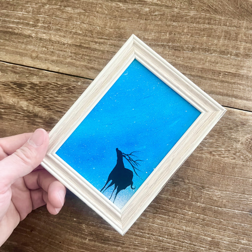 見上げた空」ミニ原画 鹿×星空 青 ちょっとしたスペースに飾れる