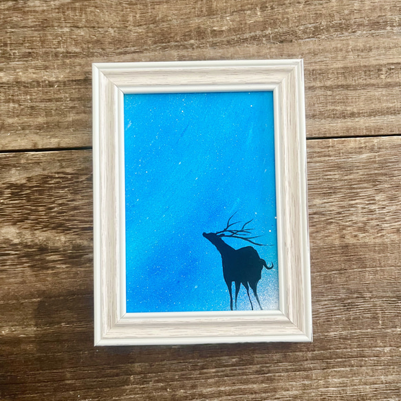 見上げた空」ミニ原画 鹿×星空 青 ちょっとしたスペースに飾れる