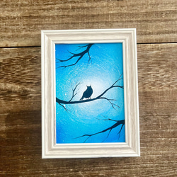 森の梟」原画 夜×フクロウ×木枝 青 ターコイズ 絵画 キャンバス 風景画