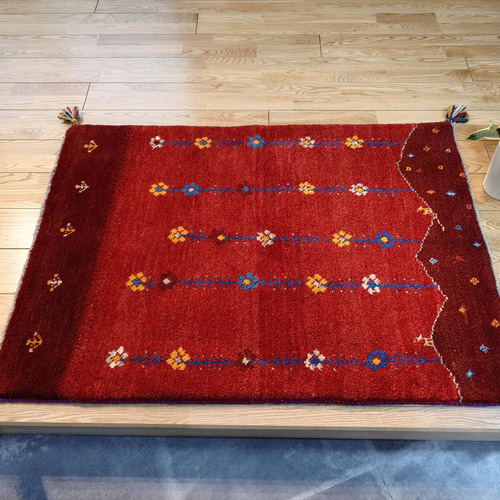 ペルシャ ギャッベ 玄関マット大 ウール 118x85cm 茜色 花 丘 RD2176G