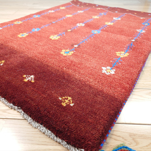 ペルシャ ギャッベ 玄関マット大 ウール 118x85cm 茜色 花 丘 RD2176G