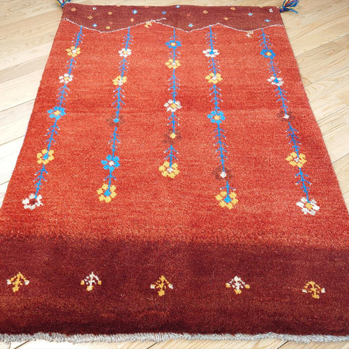 ペルシャ ギャッベ 玄関マット大 ウール 118x85cm 茜色 花 丘 RD2176G