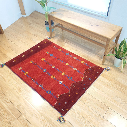 ペルシャ ギャッベ 玄関マット大 ウール 118x85cm 茜色 花 丘 RD2176G