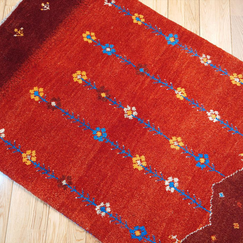 ペルシャ ギャッベ 玄関マット大 ウール 118x85cm 茜色 花 丘 RD2176G