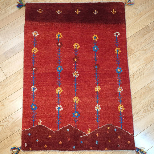 ペルシャ ギャッベ 玄関マット大 ウール 118x85cm 茜色 花 丘 RD2176G