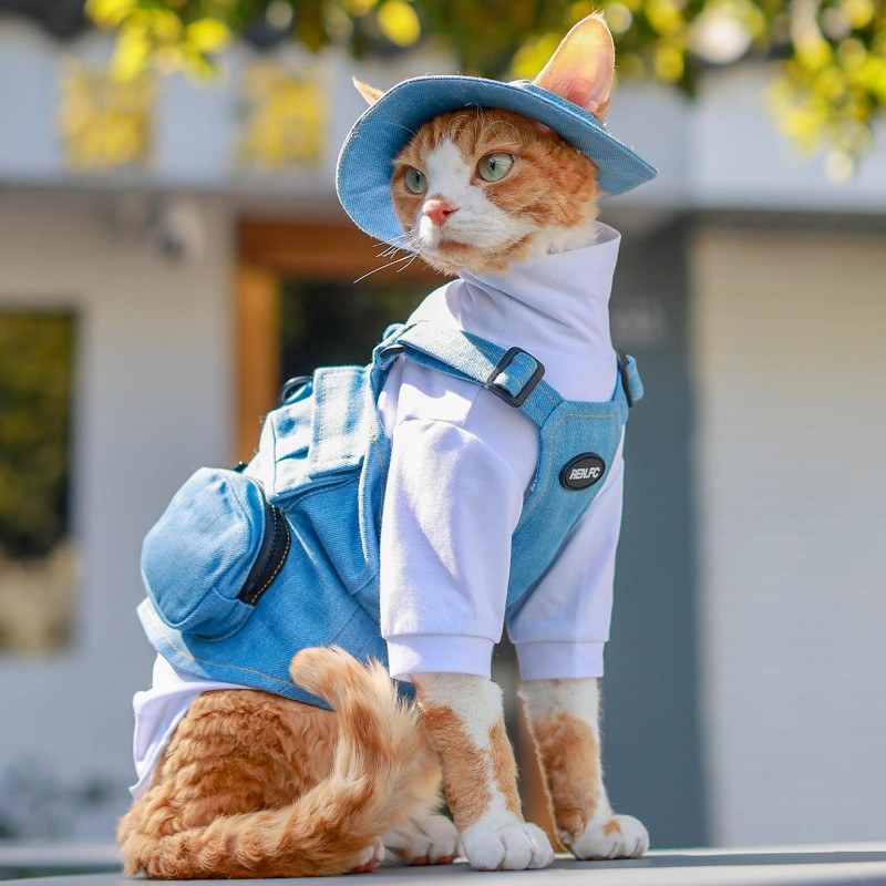 猫服 犬服 ペット服 ネコ デニム青猫カーゴベスト 帽子付き可能 白いインナー付き可能 遠足 散歩 スフィンクス猫