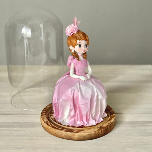 桃色のドレスを纏った和紙のフランス人形｜ガラスドーム入り昭和レトロ