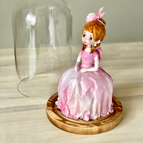 桃色のドレスを纏った和紙のフランス人形｜ガラスドーム入り昭和レトロ