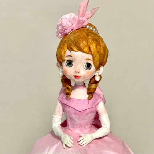 昭和レトロ ポーズ人形 ドレス人形 フランス人形 インテリア 置物 ドレス 桃色のドレスを纏った和紙のフランス人形｜ガラスドーム入り昭和レトロ