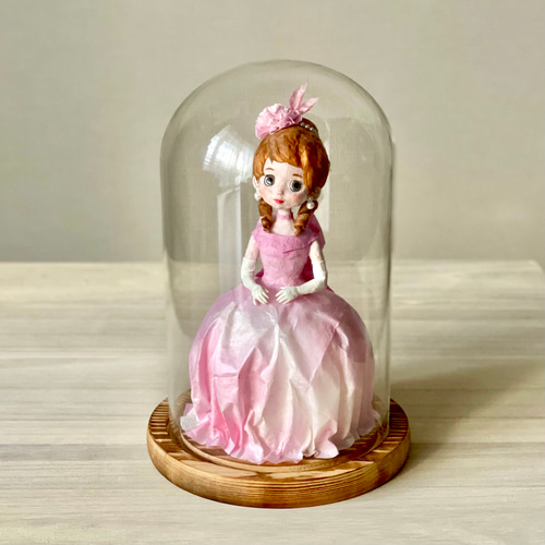 桃色のドレスを纏った和紙のフランス人形｜ガラスドーム入り昭和レトロ