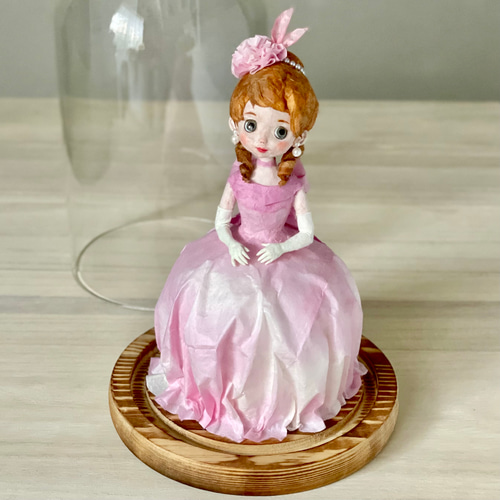 桃色のドレスを纏った和紙のフランス人形｜ガラスドーム入り昭和レトロ
