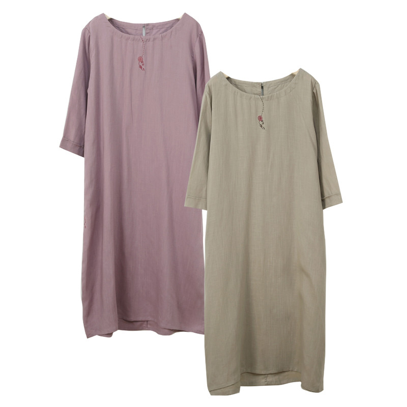 テンセルリネン混紡7分袖ワンピース　刺繍リネンワンピース　ベージュとパープル2色　M-2XLサイズ　L558