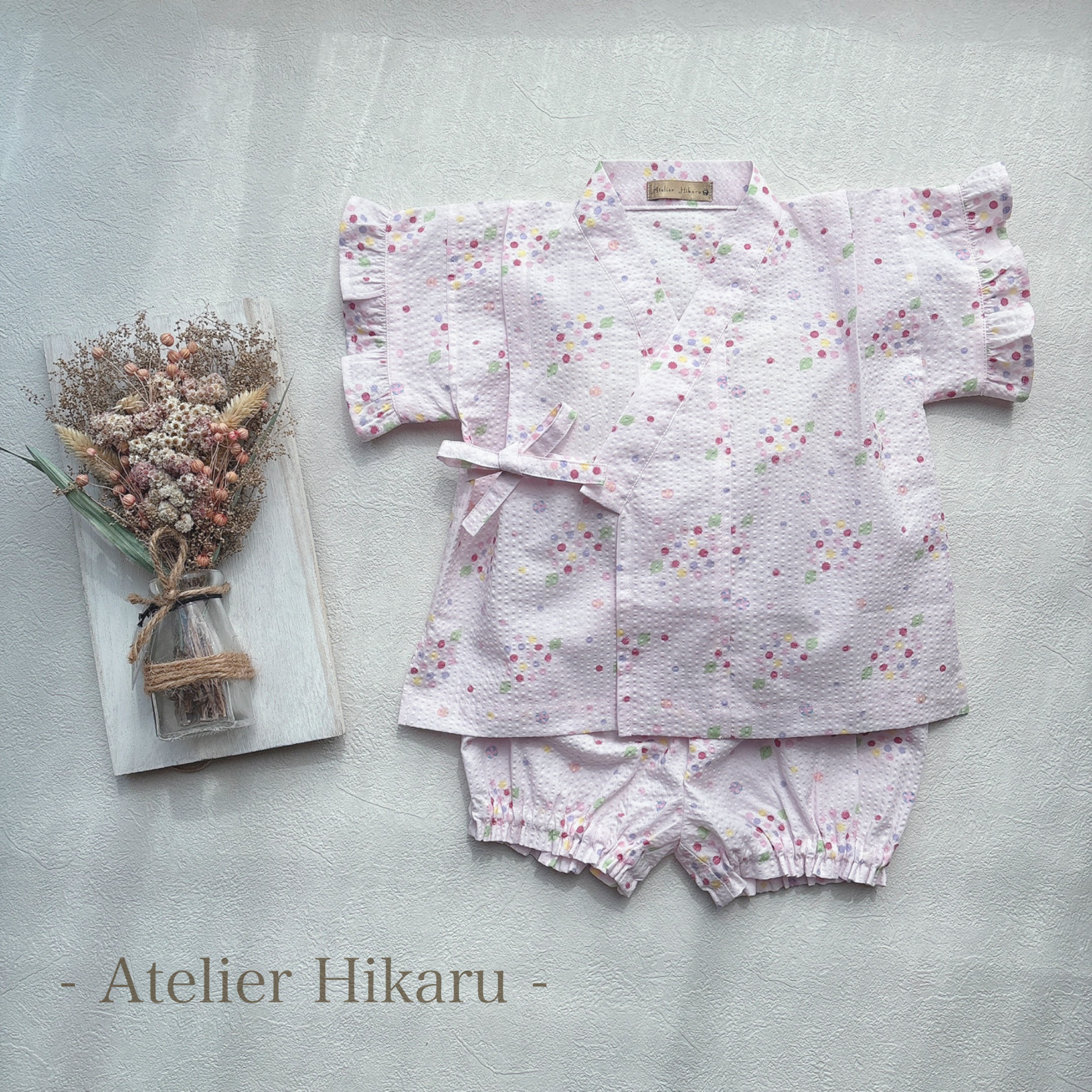 【オーダー受付】甚平　子供甚平　ベビー服　ベビー甚平　夏服　子供浴衣　女の子服　花柄甚平　赤ちゃん服　70cm　80cm