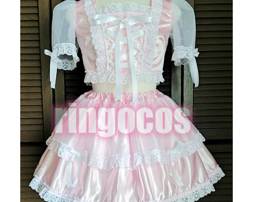 アイドル衣装 ピンク×白 編み上げリボン オリジナル ハンドメイド