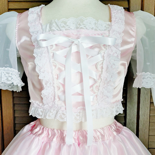 【1点もの】 オリジナル アイドル 衣装 ピンク×ホワイト ハンドメイド アイドル衣装 ピンク×白 編み上げリボン オリジナル